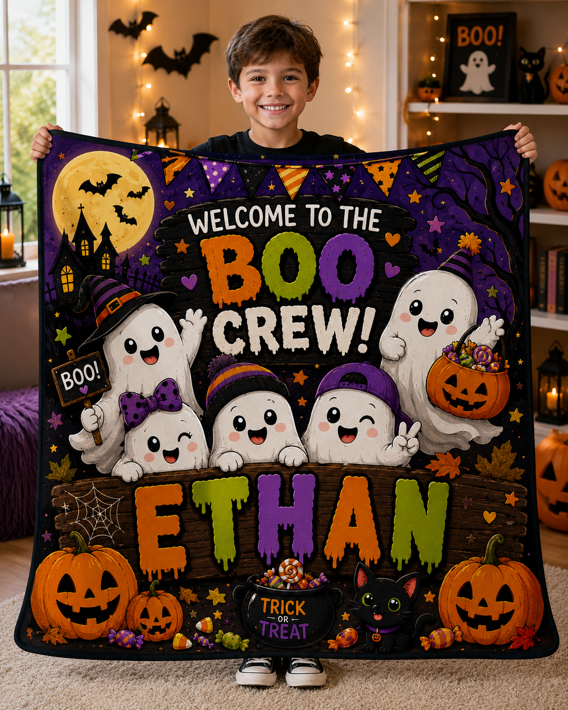 Personalized Boo Crew Minky Blanket Custom Name Halloween Blanket for Kids, Cute Ghost Throw, Spooky Season Gift, 50x60 Blanket