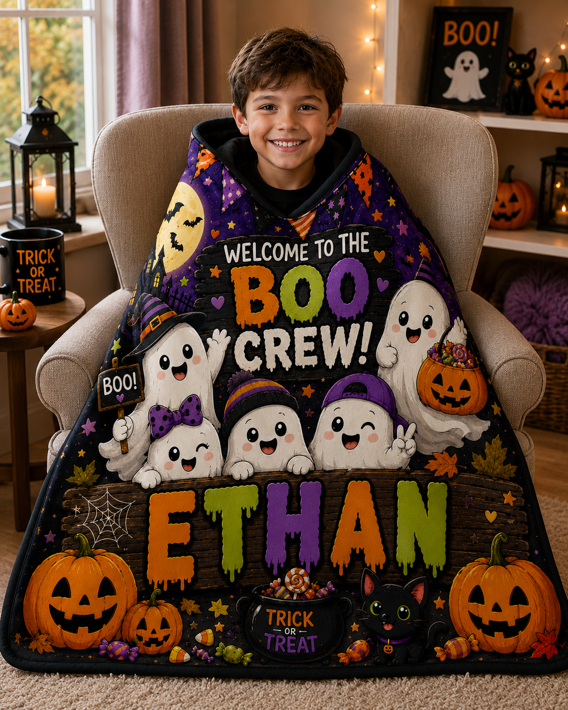 Personalized Boo Crew Minky Blanket Custom Name Halloween Blanket for Kids, Cute Ghost Throw, Spooky Season Gift, 50x60 Blanket