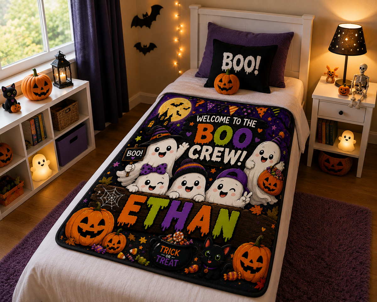 Personalized Boo Crew Minky Blanket Custom Name Halloween Blanket for Kids, Cute Ghost Throw, Spooky Season Gift, 50x60 Blanket