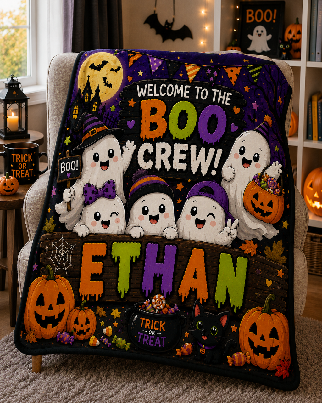 Personalized Boo Crew Minky Blanket Custom Name Halloween Blanket for Kids, Cute Ghost Throw, Spooky Season Gift, 50x60 Blanket