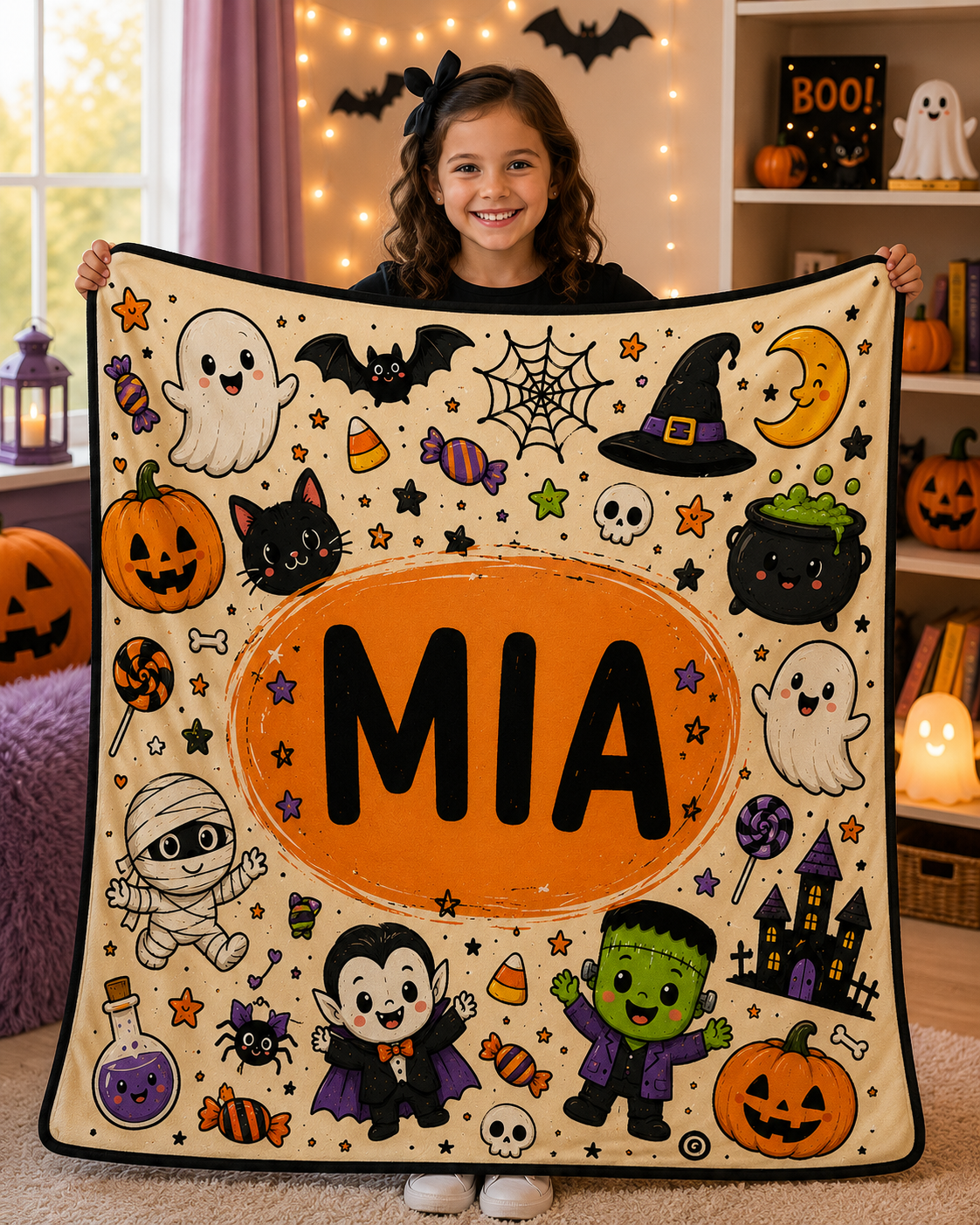 Personalized Halloween Doodles Minky Blanket, Custom Name Kids Halloween Blanket, Cute Spooky Throw, Halloween Gift, 50x60 Blanket