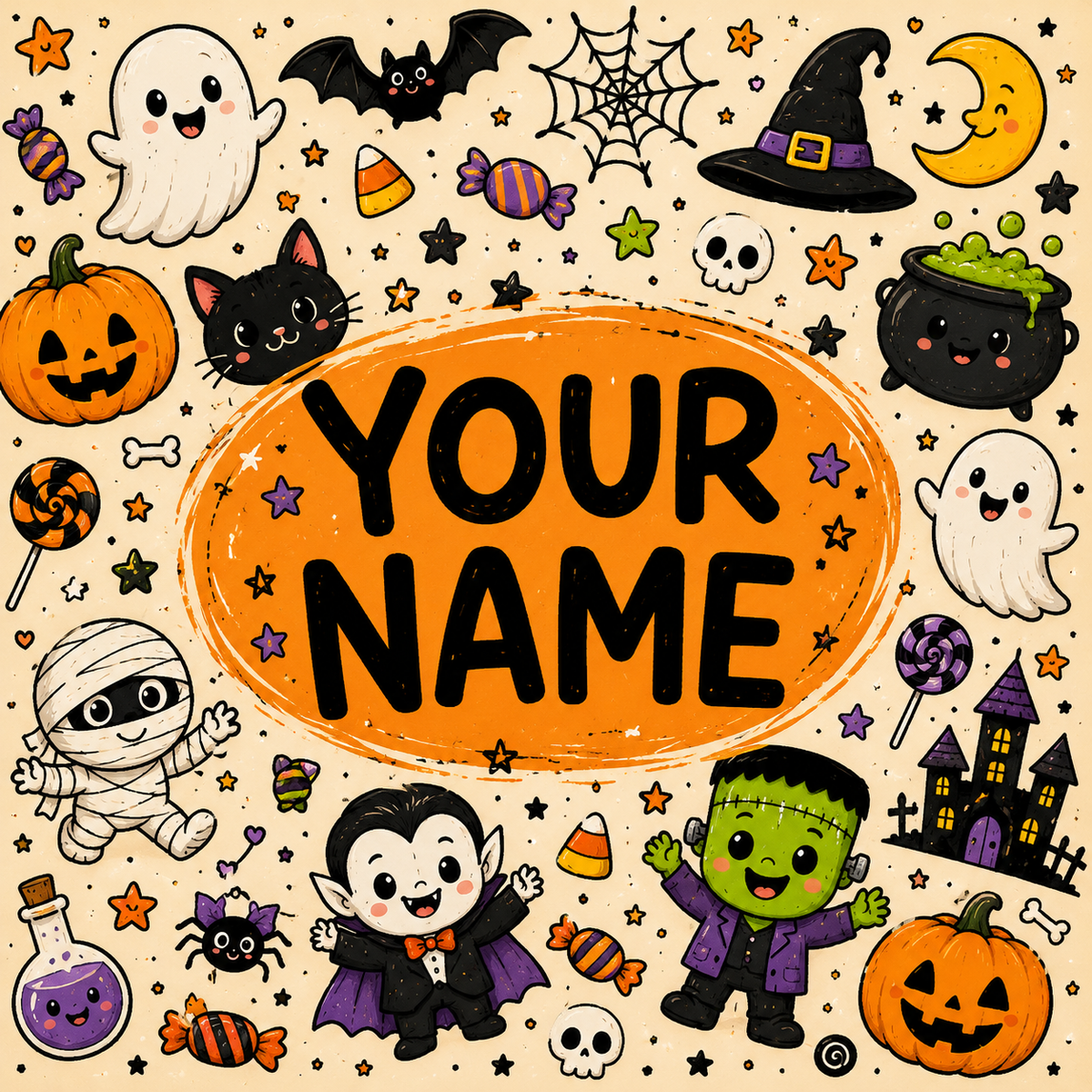 Personalized Halloween Doodles Minky Blanket, Custom Name Kids Halloween Blanket, Cute Spooky Throw, Halloween Gift, 50x60 Blanket