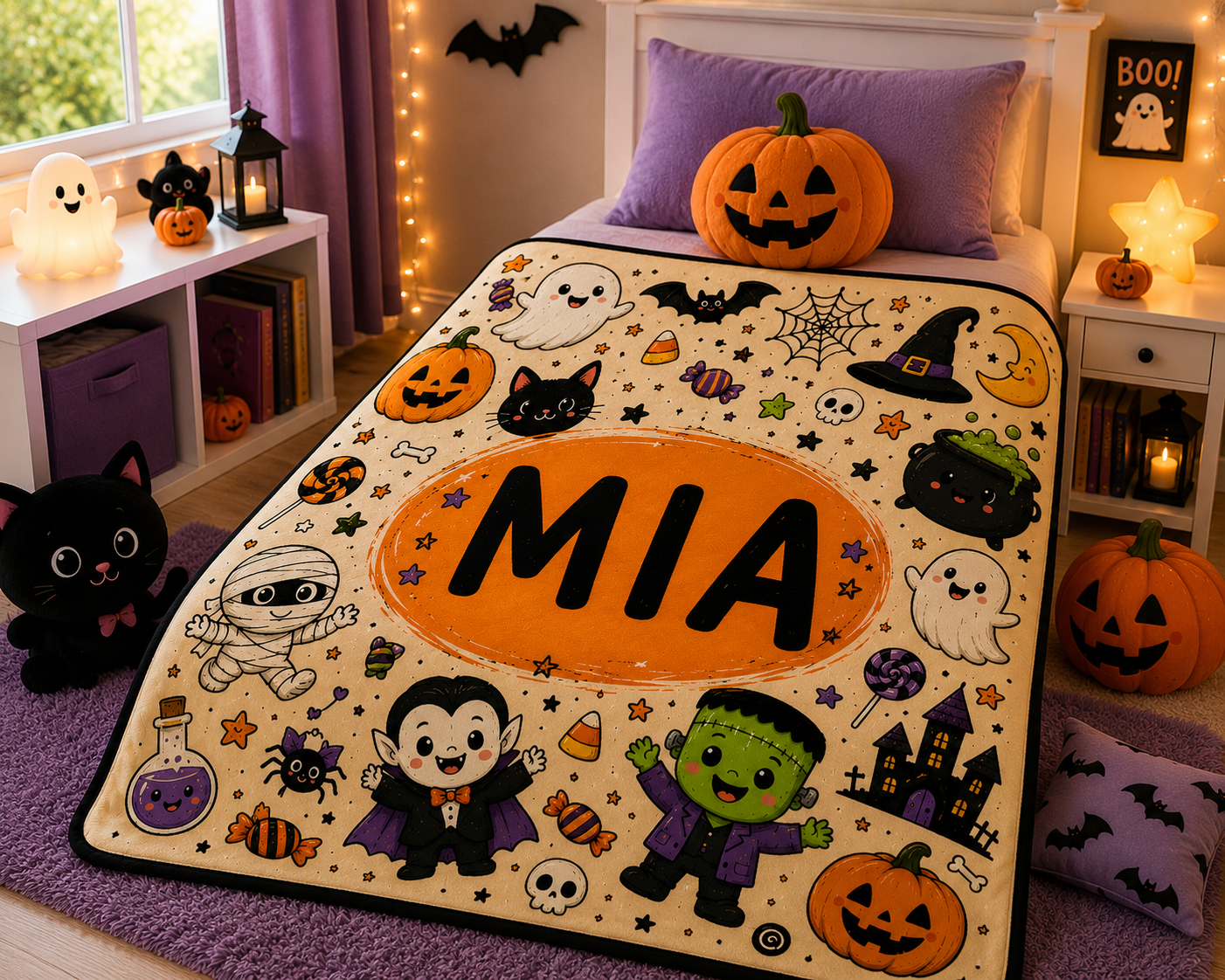 Personalized Halloween Doodles Minky Blanket, Custom Name Kids Halloween Blanket, Cute Spooky Throw, Halloween Gift, 50x60 Blanket