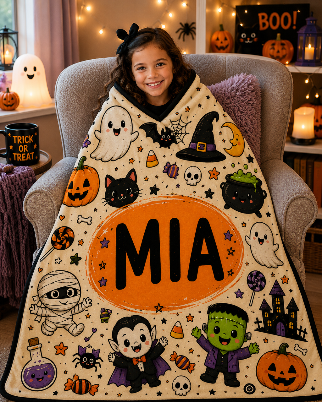 Personalized Halloween Doodles Minky Blanket, Custom Name Kids Halloween Blanket, Cute Spooky Throw, Halloween Gift, 50x60 Blanket