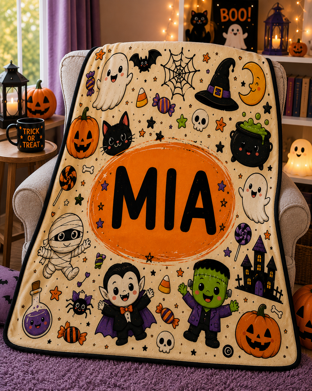 Personalized Halloween Doodles Minky Blanket, Custom Name Kids Halloween Blanket, Cute Spooky Throw, Halloween Gift, 50x60 Blanket