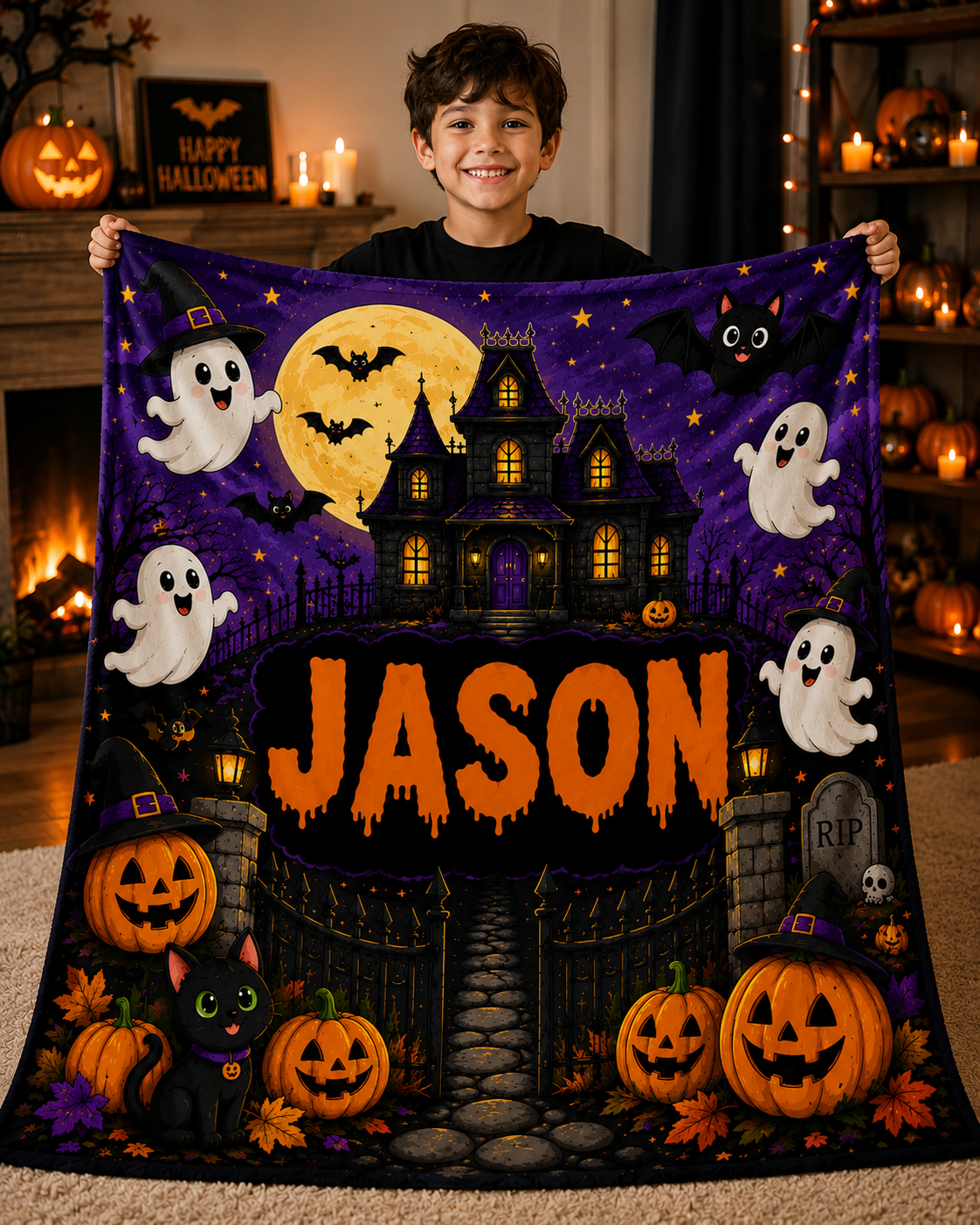 Personalized Haunted House Halloween Minky Blanket, Custom Name Ghost Blanket, Spooky Kids Throw, Halloween Gift for Kids Cozy 50x60 Blanket