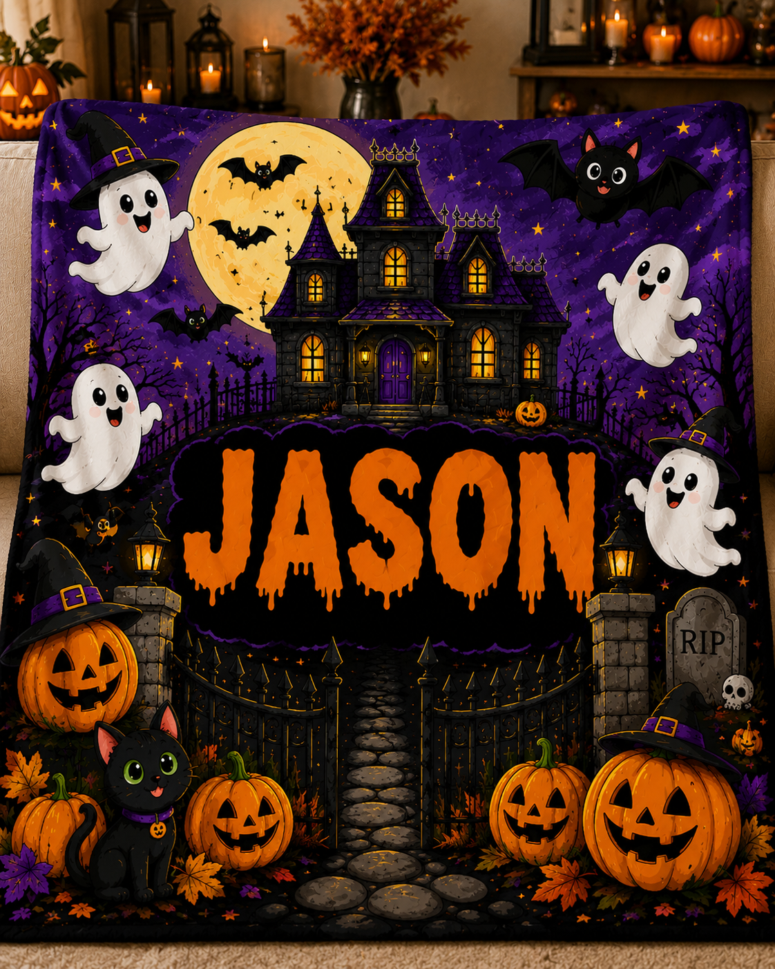 Personalized Haunted House Halloween Minky Blanket, Custom Name Ghost Blanket, Spooky Kids Throw, Halloween Gift for Kids Cozy 50x60 Blanket