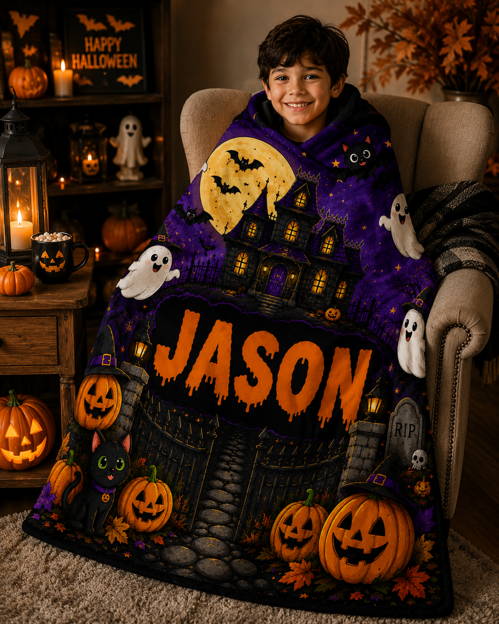 Personalized Haunted House Halloween Minky Blanket, Custom Name Ghost Blanket, Spooky Kids Throw, Halloween Gift for Kids Cozy 50x60 Blanket