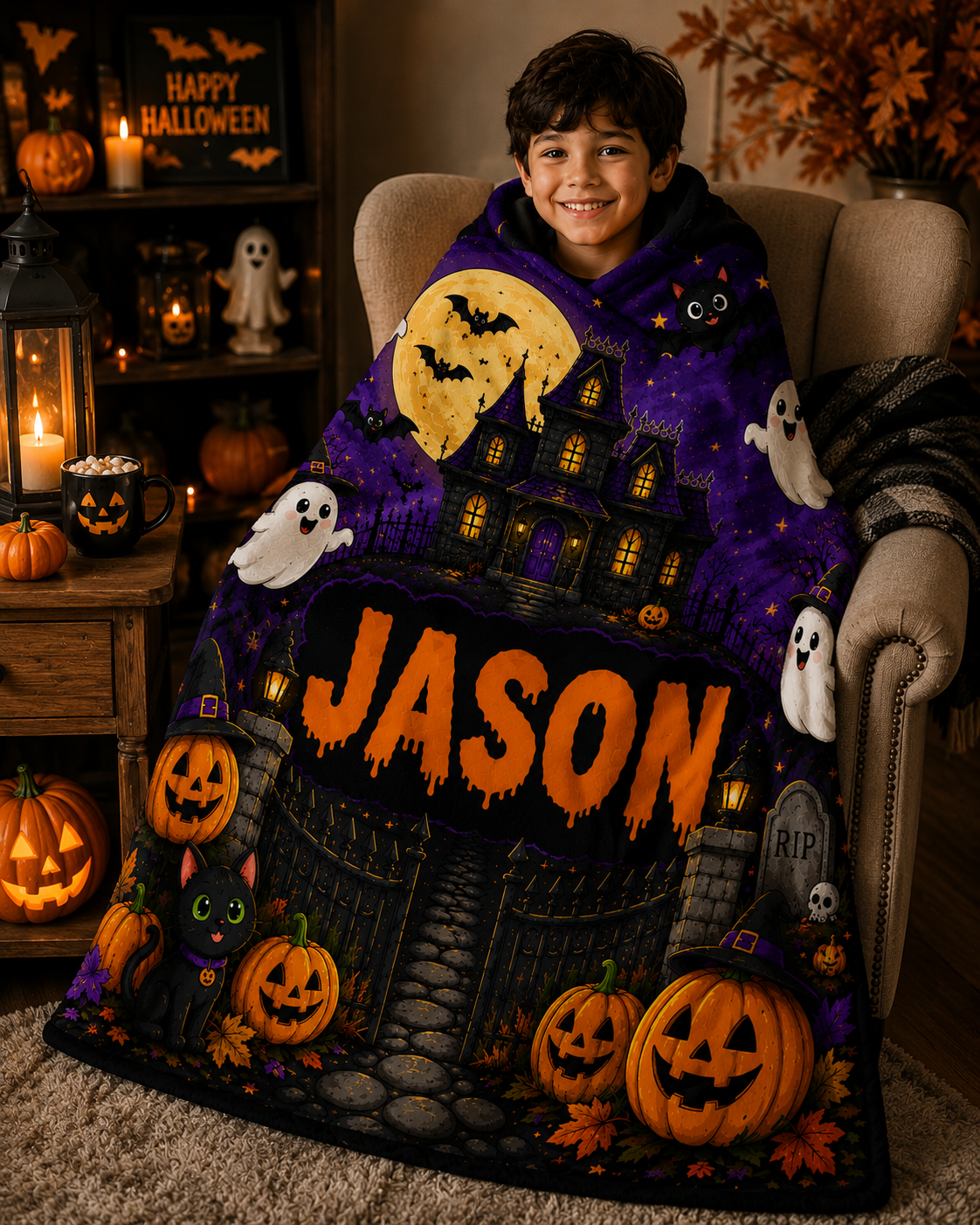 Personalized Haunted House Halloween Minky Blanket, Custom Name Ghost Blanket, Spooky Kids Throw, Halloween Gift for Kids Cozy 50x60 Blanket