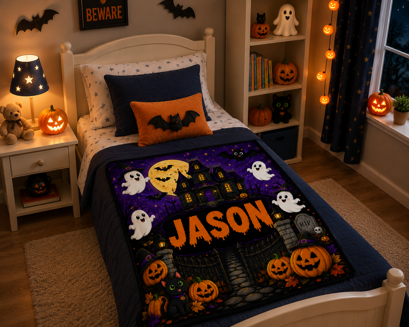 Personalized Haunted House Halloween Minky Blanket, Custom Name Ghost Blanket, Spooky Kids Throw, Halloween Gift for Kids Cozy 50x60 Blanket
