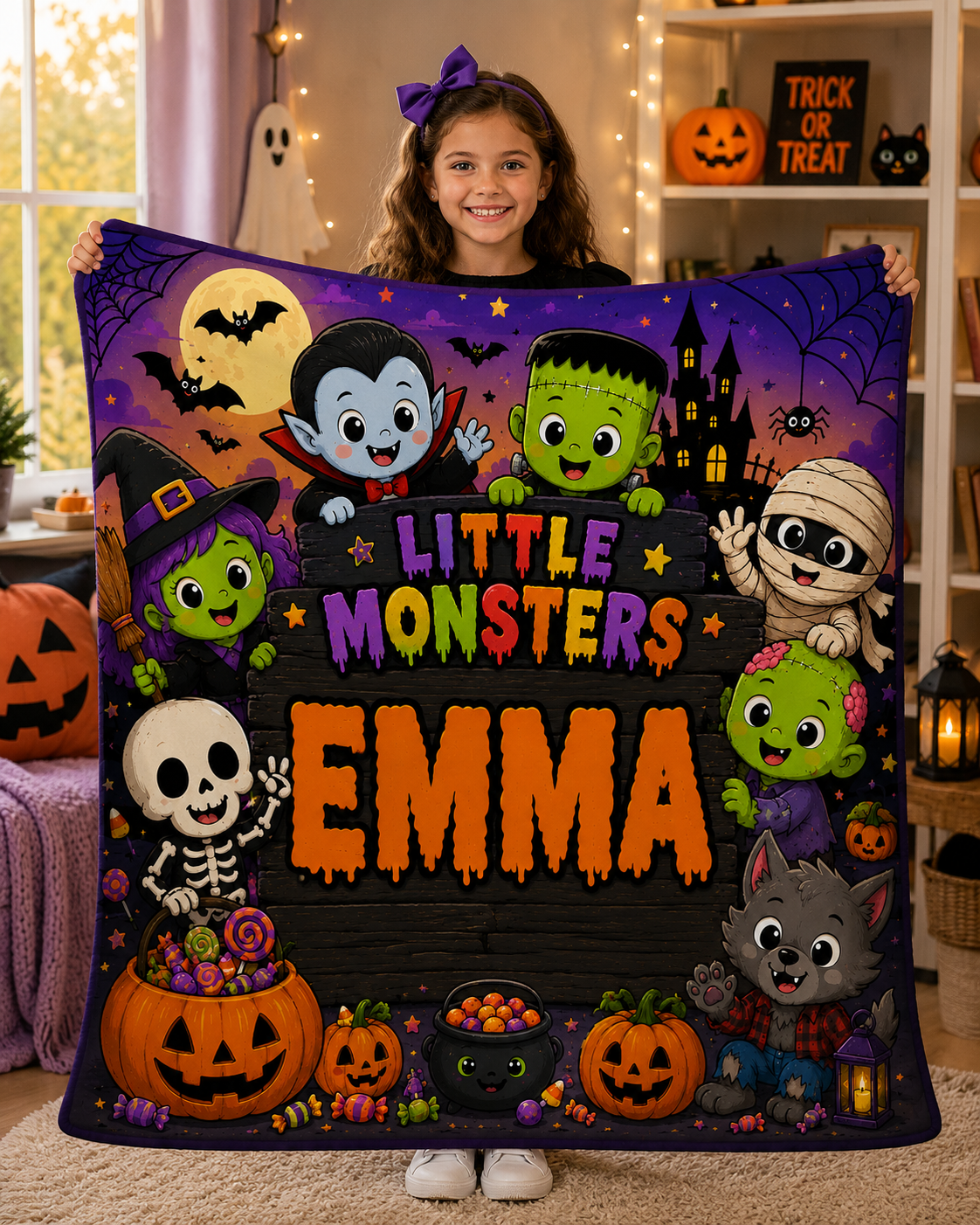 Personalized Little Monsters Minky Blanket, Custom Name Halloween Blanket for Kids, Cute Spooky Throw, Halloween Gift, 50x60 Blanket