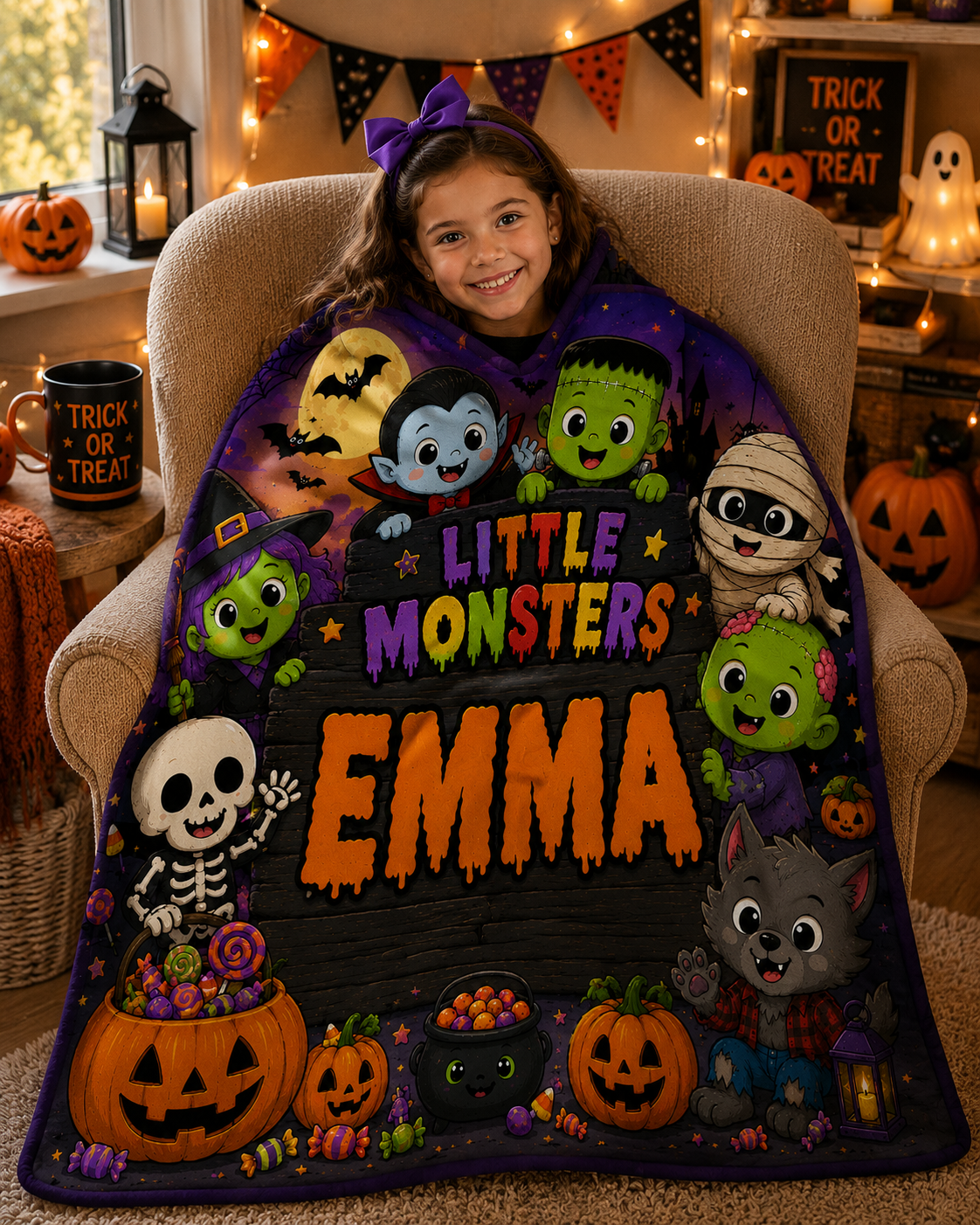 Personalized Little Monsters Minky Blanket, Custom Name Halloween Blanket for Kids, Cute Spooky Throw, Halloween Gift, 50x60 Blanket