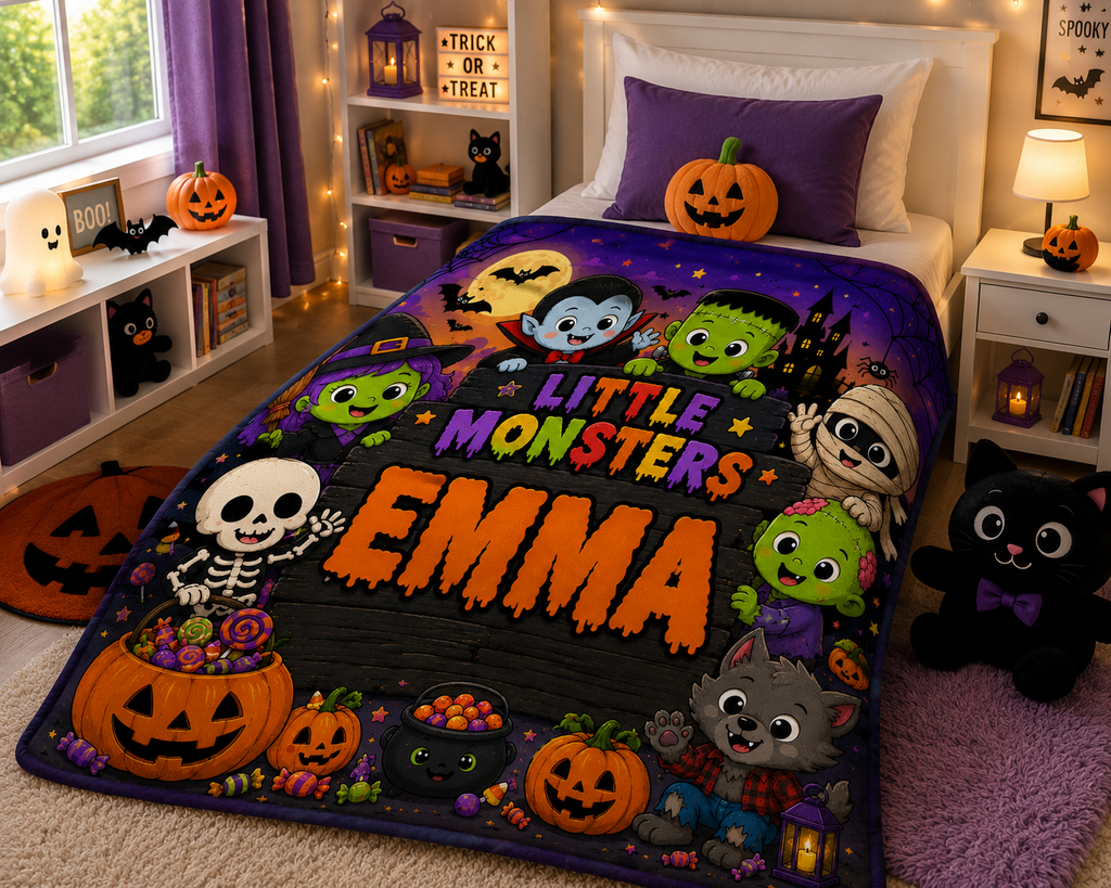 Personalized Little Monsters Minky Blanket, Custom Name Halloween Blanket for Kids, Cute Spooky Throw, Halloween Gift, 50x60 Blanket