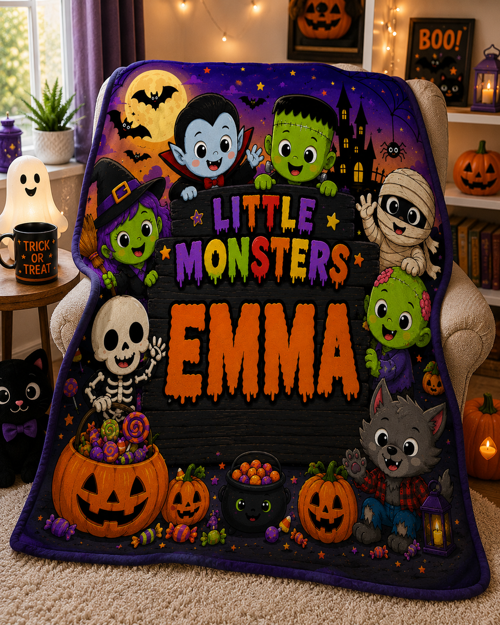 Personalized Little Monsters Minky Blanket, Custom Name Halloween Blanket for Kids, Cute Spooky Throw, Halloween Gift, 50x60 Blanket