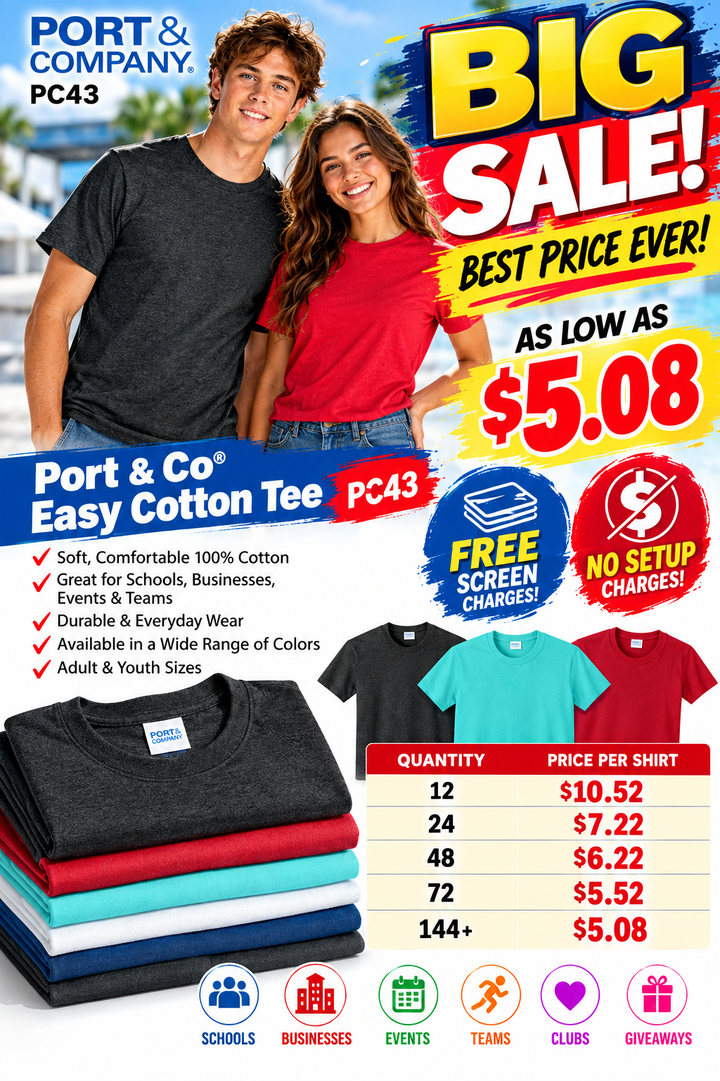 Port & Co® Easy Cotton Tee-PC43-NO Set-Up or Screen Charges. As low as $5.08 ea.