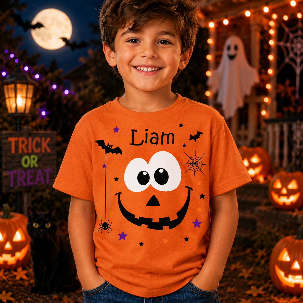 Personalized Halloween Pumpkin Shirt, Custom Name Kids Halloween Shirt, Boys Girls Trick or Treat Tee, Youth Halloween T-Shirt