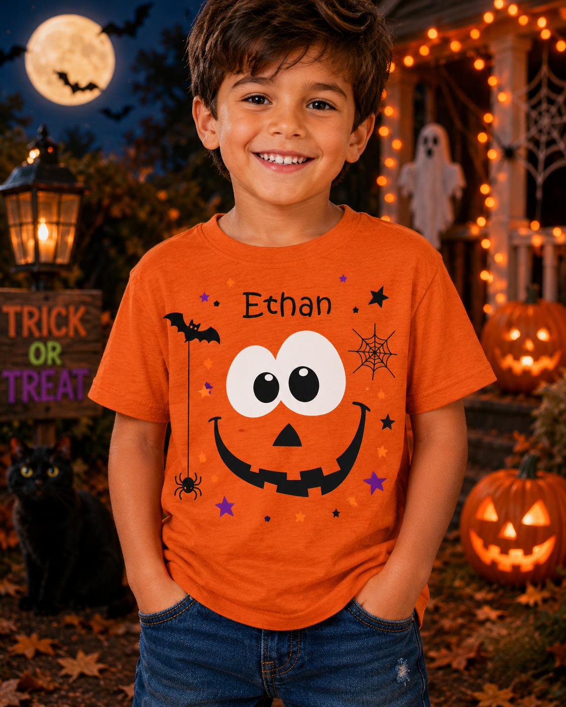 Personalized Halloween Pumpkin Shirt, Custom Name Kids Halloween Shirt, Boys Girls Trick or Treat Tee, Youth Halloween T-Shirt