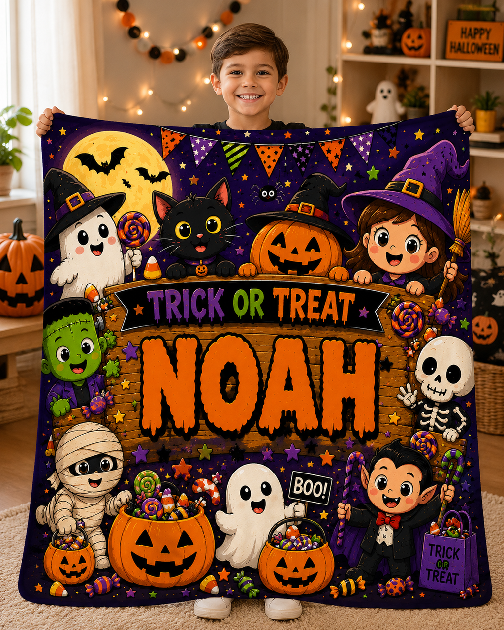 Personalized Trick or Treat Minky Blanket, Custom Name Halloween Blanket, Spooky Kids Throw, Cute Halloween Gift, Cozy 50x60 Blanket