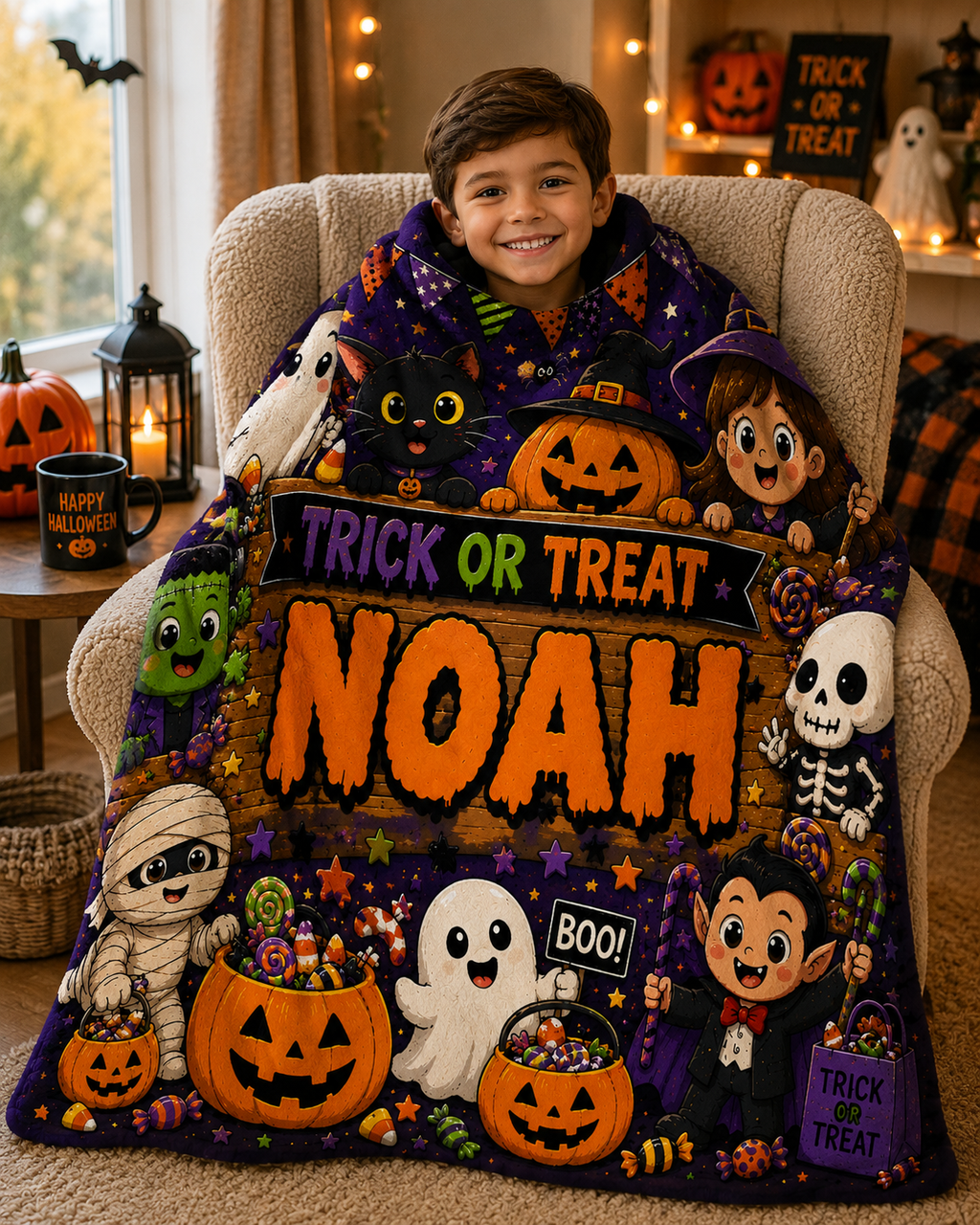 Personalized Trick or Treat Minky Blanket, Custom Name Halloween Blanket, Spooky Kids Throw, Cute Halloween Gift, Cozy 50x60 Blanket
