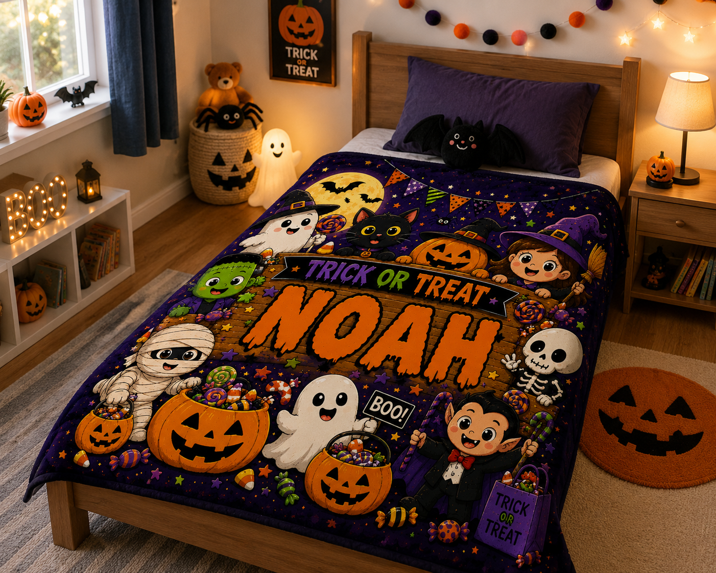Personalized Trick or Treat Minky Blanket, Custom Name Halloween Blanket, Spooky Kids Throw, Cute Halloween Gift, Cozy 50x60 Blanket