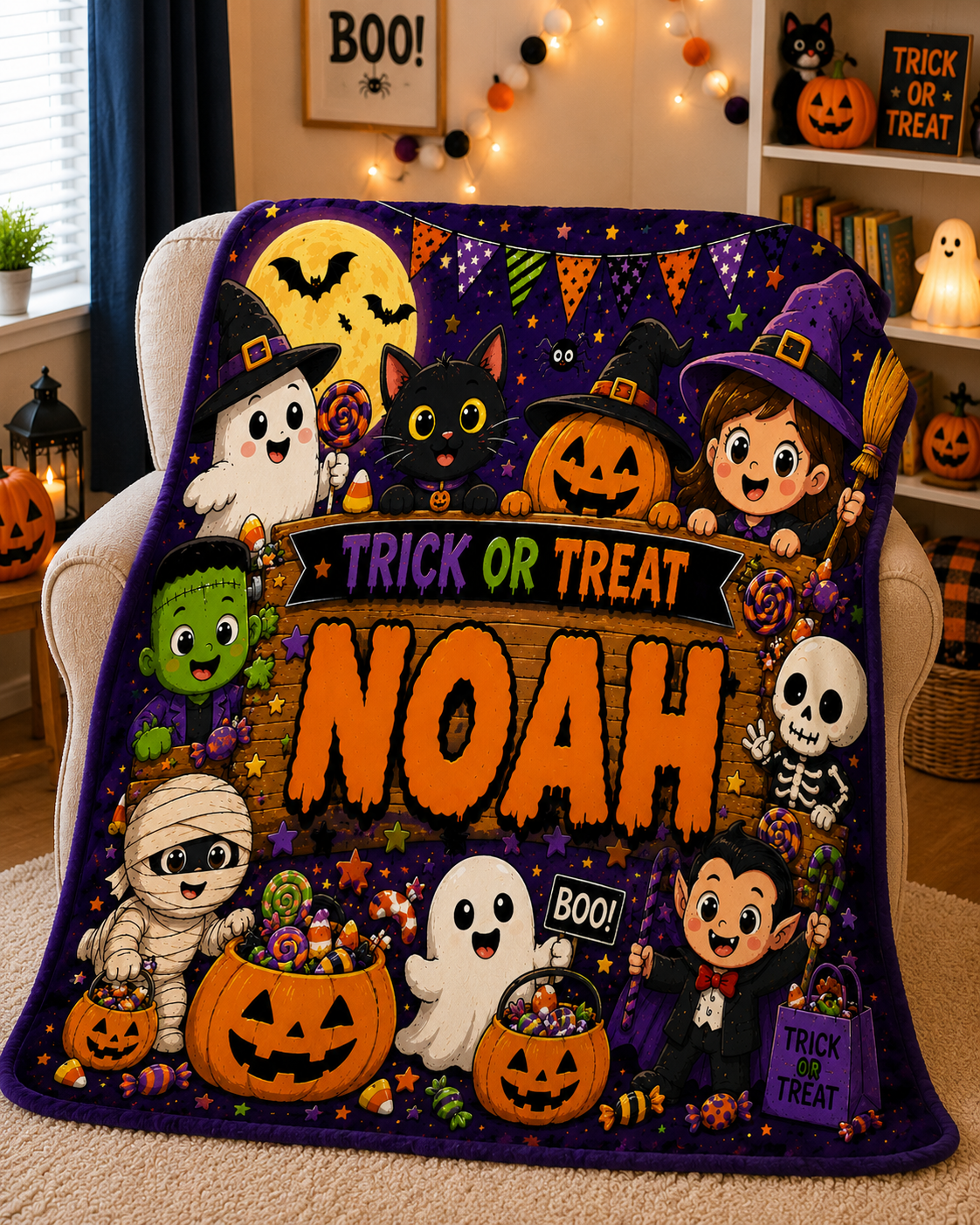 Personalized Trick or Treat Minky Blanket, Custom Name Halloween Blanket, Spooky Kids Throw, Cute Halloween Gift, Cozy 50x60 Blanket