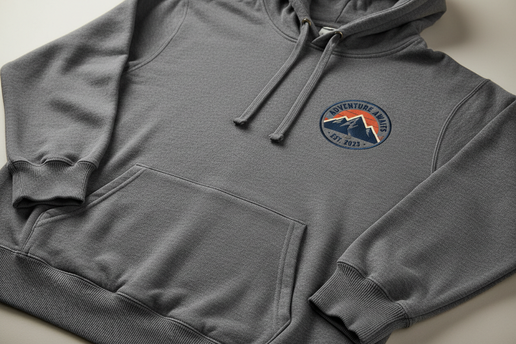Close-up of Gildan SF500 hoodie showing Softstyle fabric quality and screen printed logo