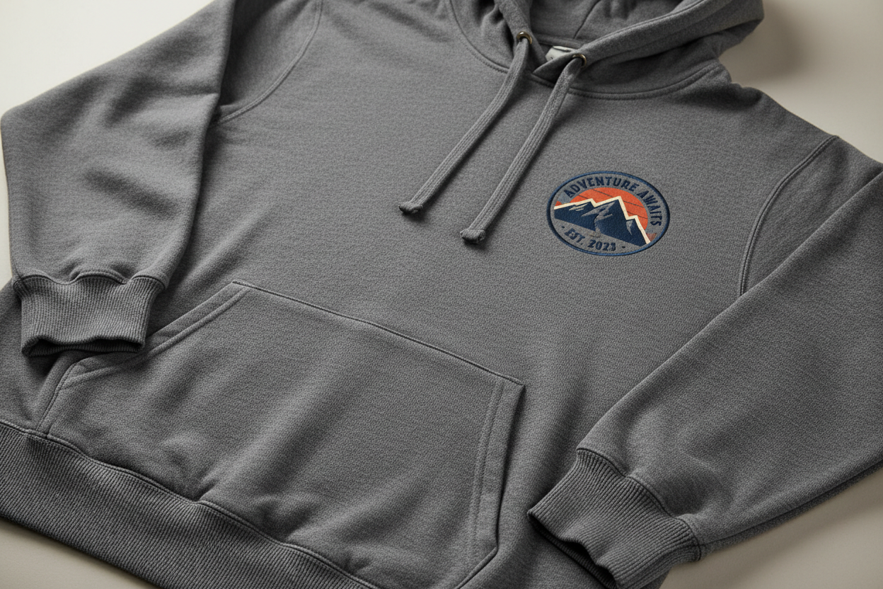 Close-up of Gildan SF500 hoodie showing Softstyle fabric quality and screen printed logo