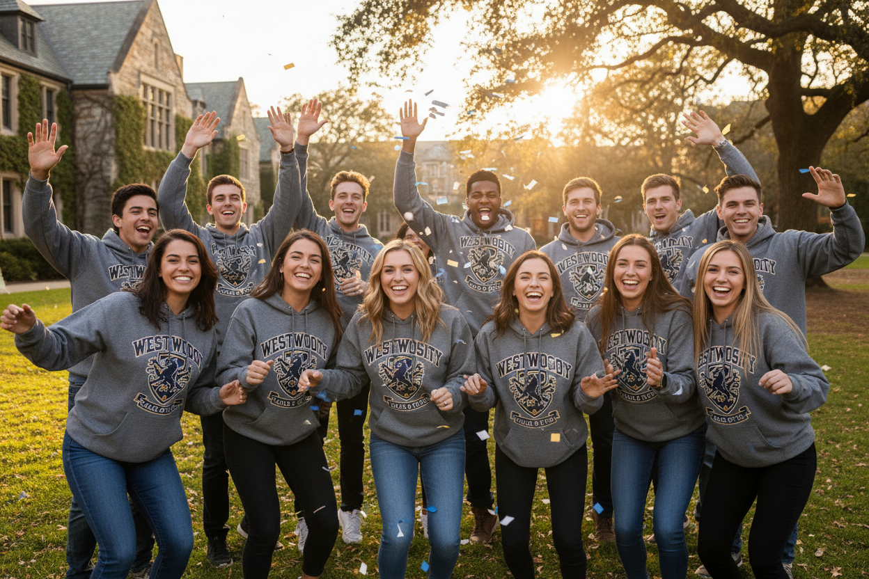 College or school group wearing matching custom printed SF500 hoodies