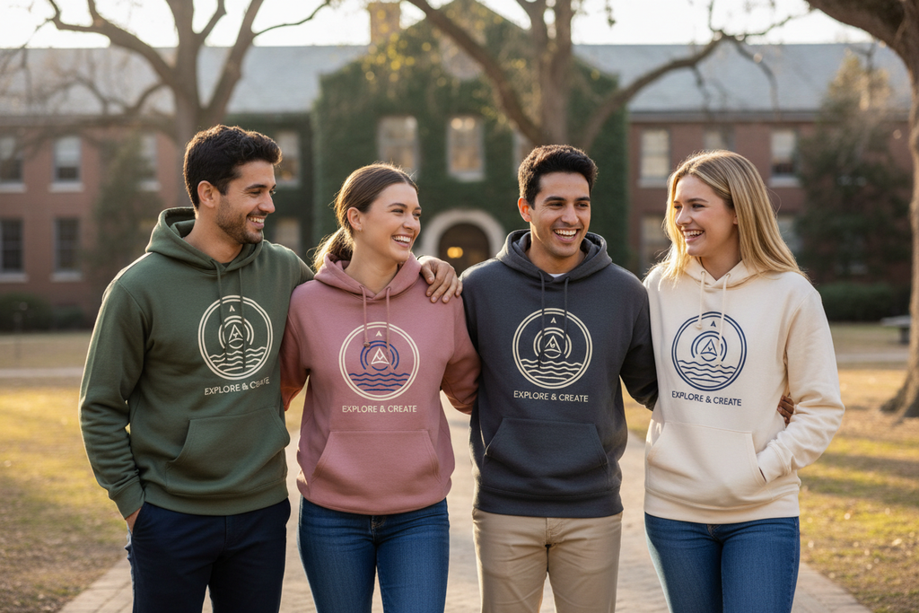 Group wearing matching Gildan SF500 hooded sweatshirts with custom screen printed logos