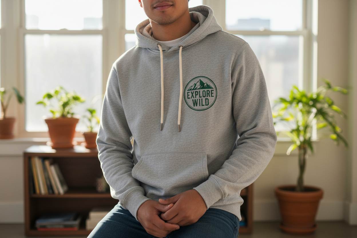 Person wearing Hanes P170 EcoSmart hoodie with custom printed logo