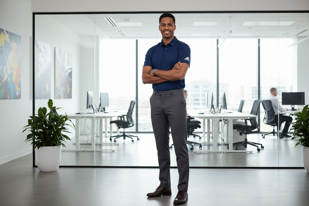 Man wearing Adidas A230 polo in professional corporate office setting