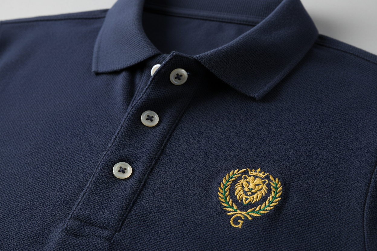 Close-up detail of Gildan 64800 pique fabric texture and custom embroidered logo