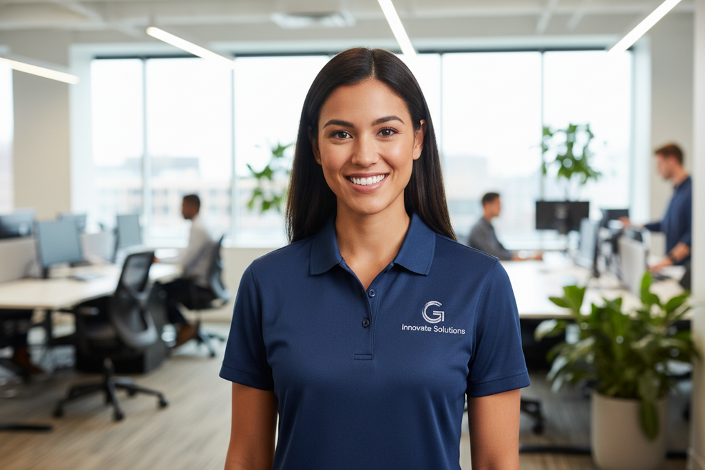 Person wearing navy blue Sport-Tek ST550 polo with embroidered logo in professional office setting