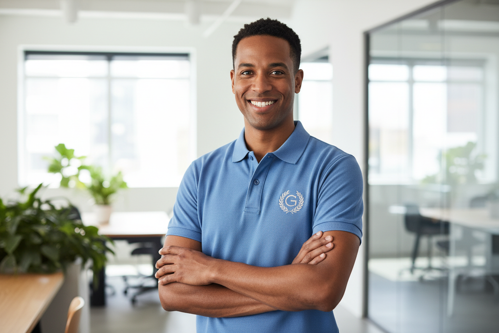 Person wearing Gildan 64800 Softstyle pique polo with embroidered logo in professional setting