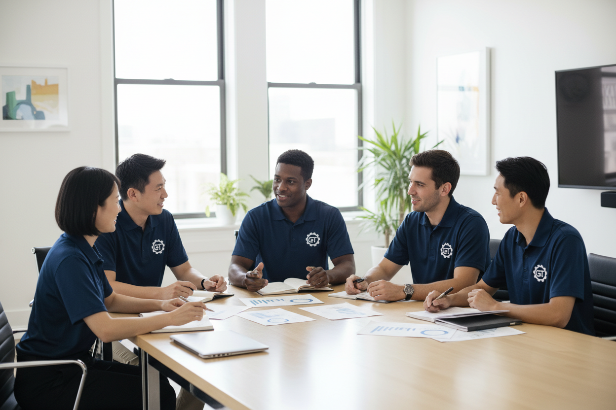 Team meeting around conference table wearing matching navy blue ST550 polos with custom embroidered logos