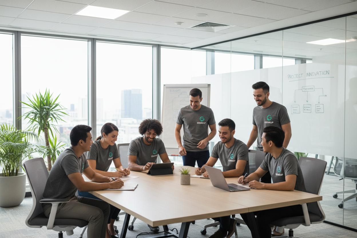 Employees wearing custom printed t-shirts in workplace setting