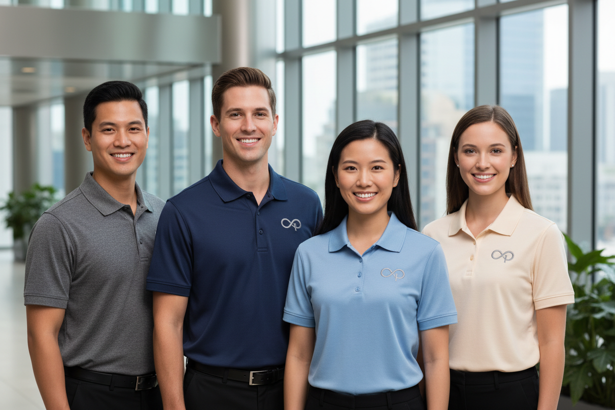 Corporate team wearing matching Hanes 054X EcoSmart jersey polos with custom embroidered logos