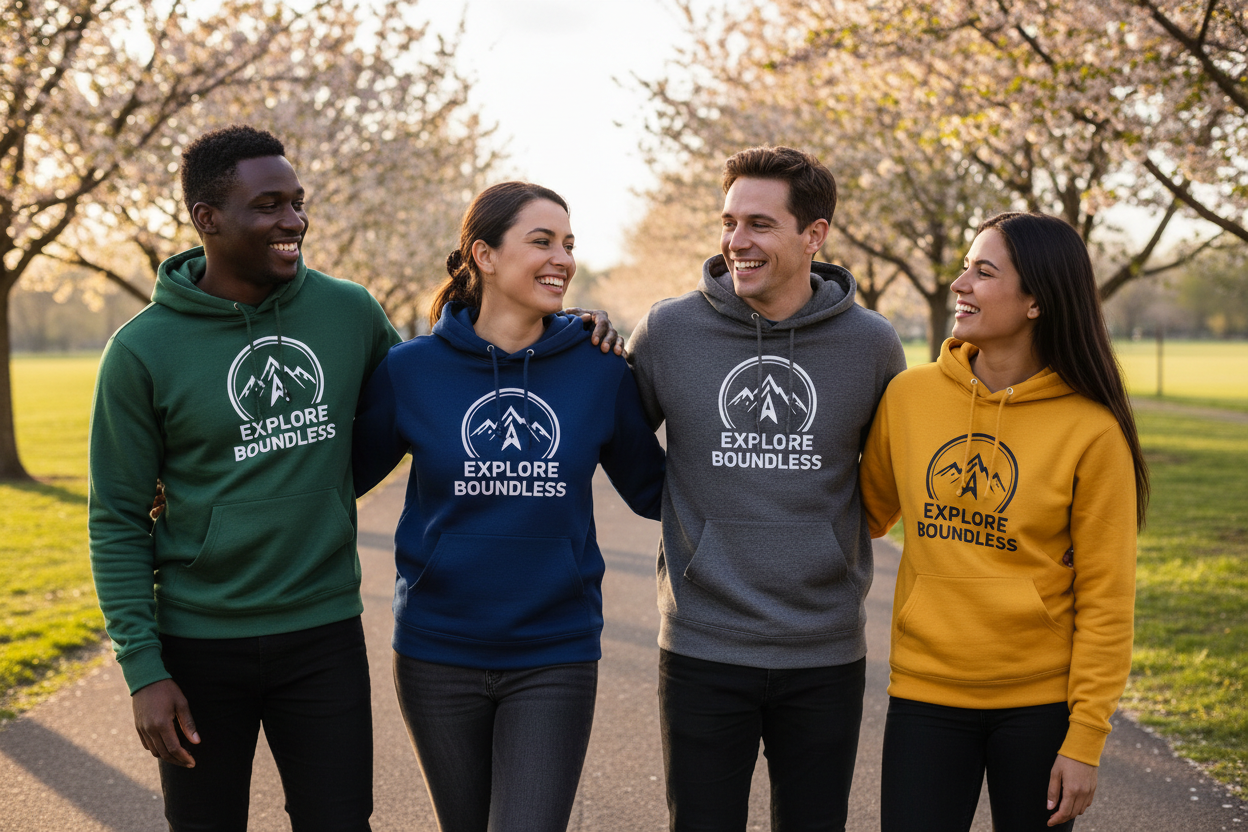 Group wearing matching Hanes P170 hooded sweatshirts with custom screen printed logos