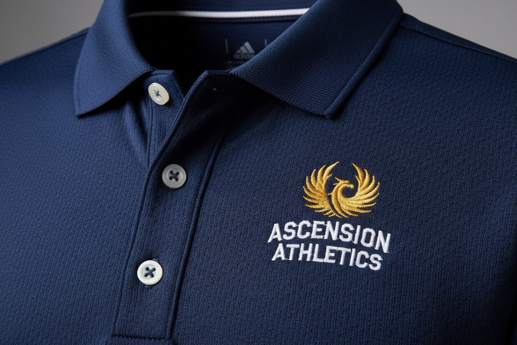 Close-up detail of Adidas polo fabric quality and custom embroidered logo