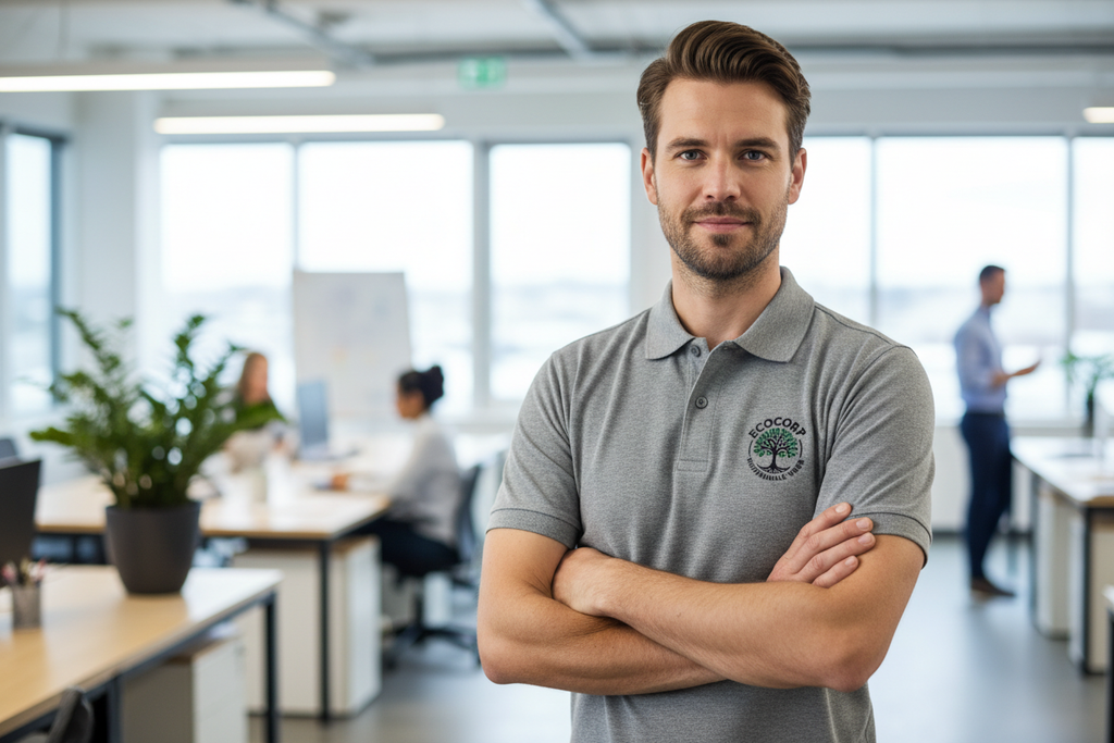 Man wearing Hanes 054X EcoSmart jersey polo with embroidered logo in professional business setting