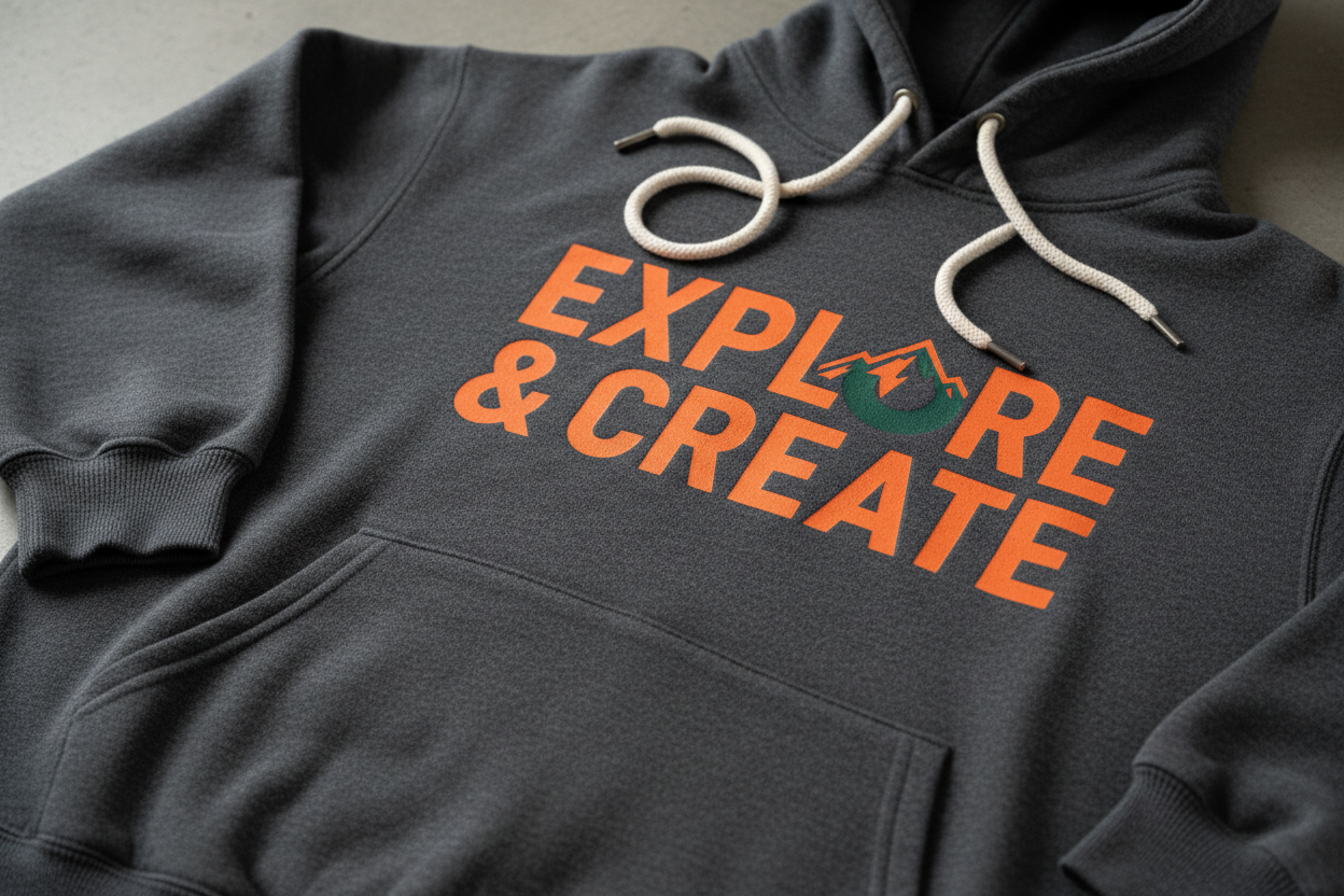 Close-up detail of Hanes P170 hoodie fabric quality and custom screen printed logo