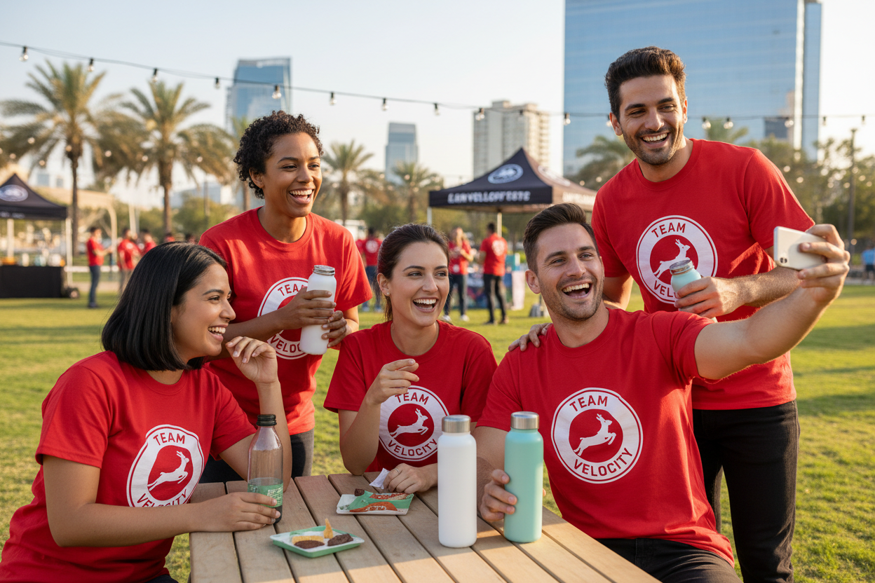 Group wearing red custom t-shirts with large logo at event
