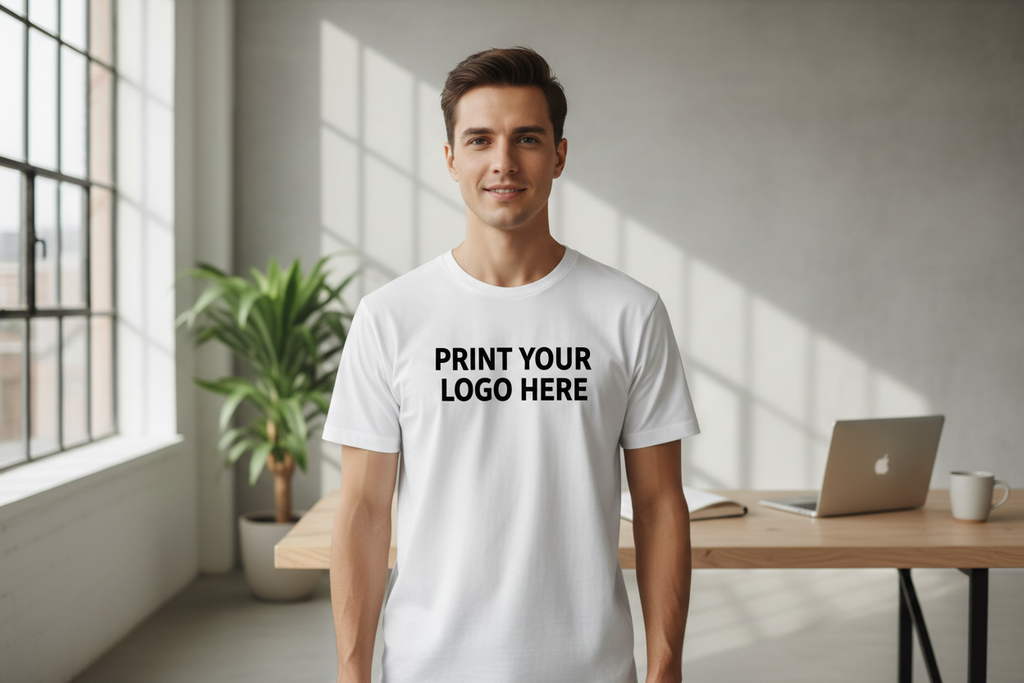 White t-shirt with Print Your Logo Here text - lifestyle image