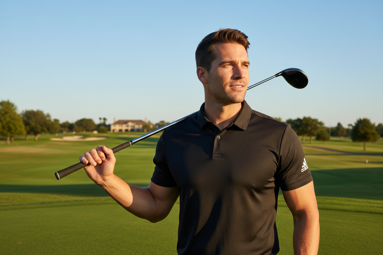 Man wearing Adidas performance polo on golf course