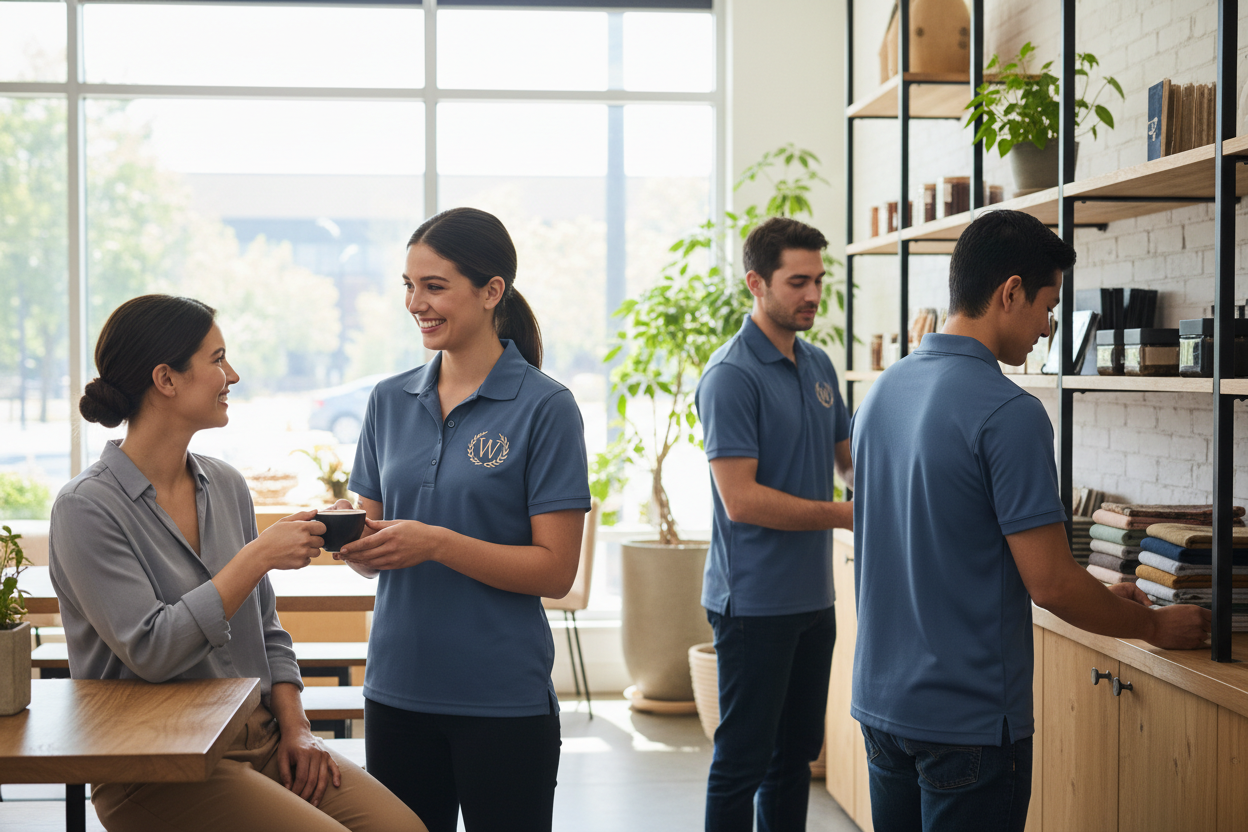 Staff wearing matching Hanes 054X polos in hospitality or retail environment