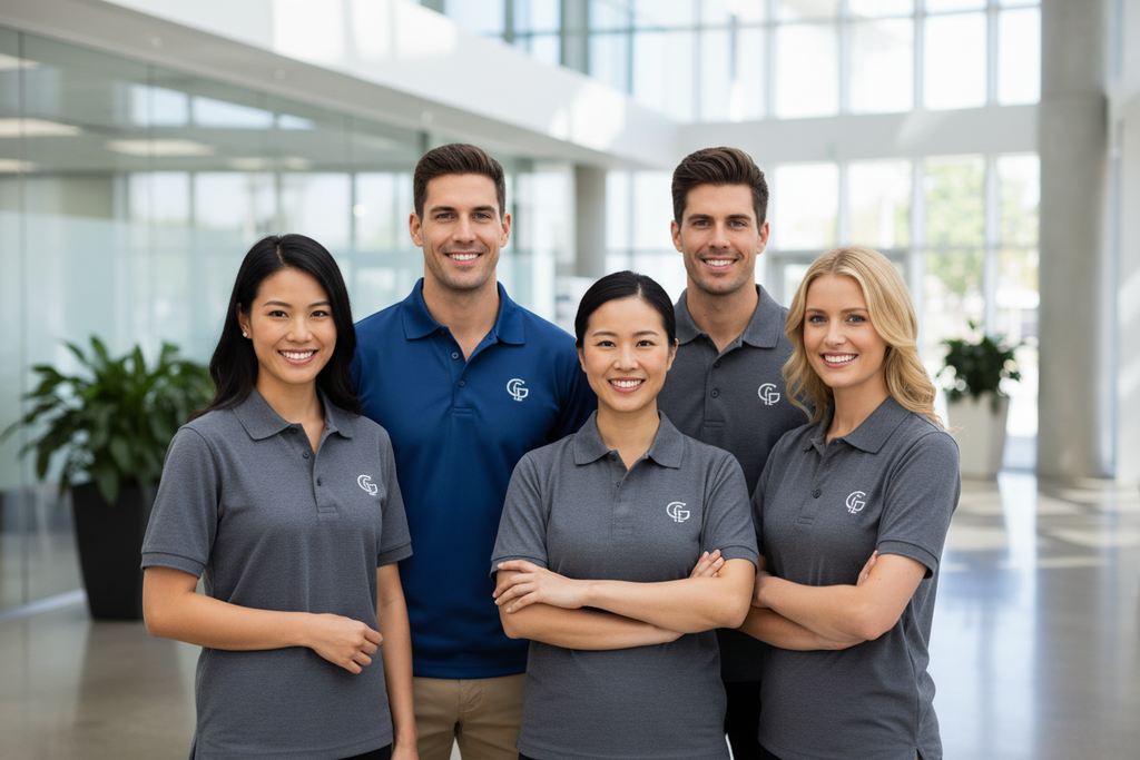 Corporate team wearing matching Gildan 64800 pique polos with custom embroidered logos