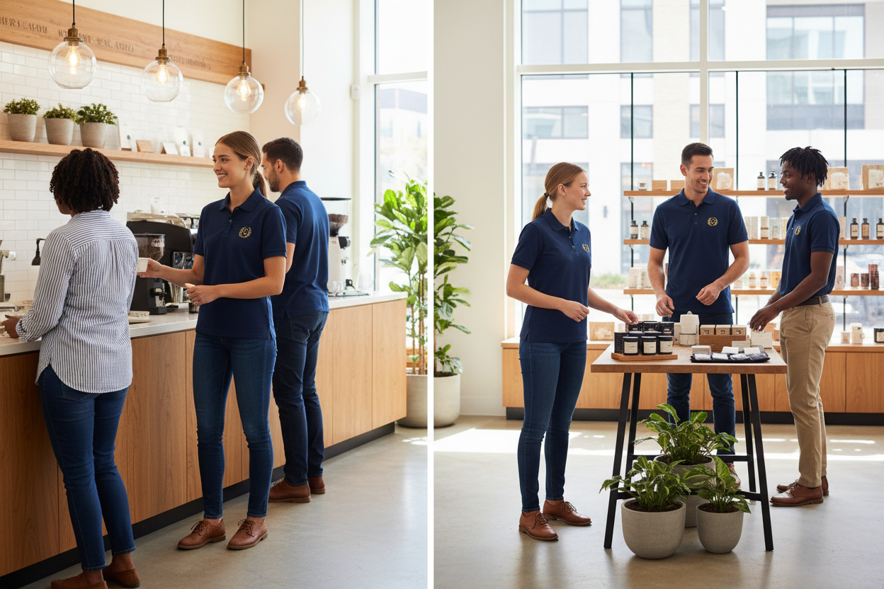 Staff wearing matching Gildan 64800 polos in hospitality or retail environment