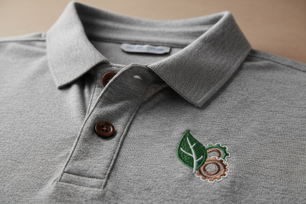 Close-up detail of Hanes 054X jersey polo showing eco-friendly fabric quality and custom embroidered logo