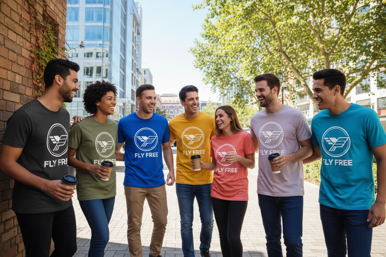 Group wearing custom t-shirts in multiple colors - black, blue, green
