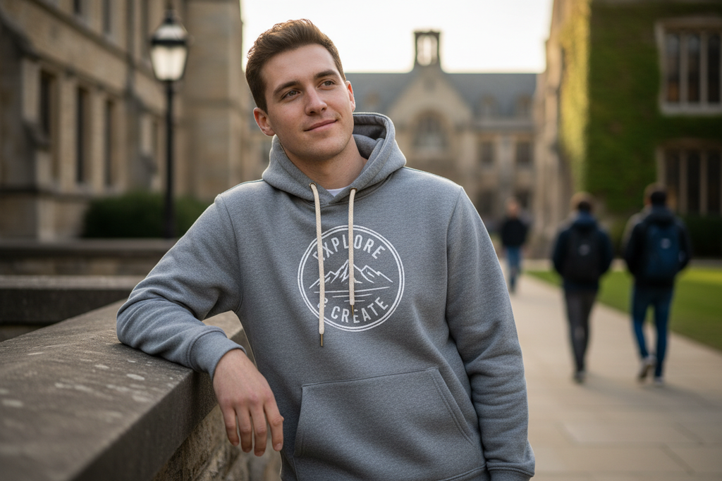 Person wearing Gildan SF500 Softstyle hoodie with custom printed logo